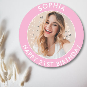 Pink Modern Niedlich Girl Happy 21. Geburtstag Fot Runder Aufkleber