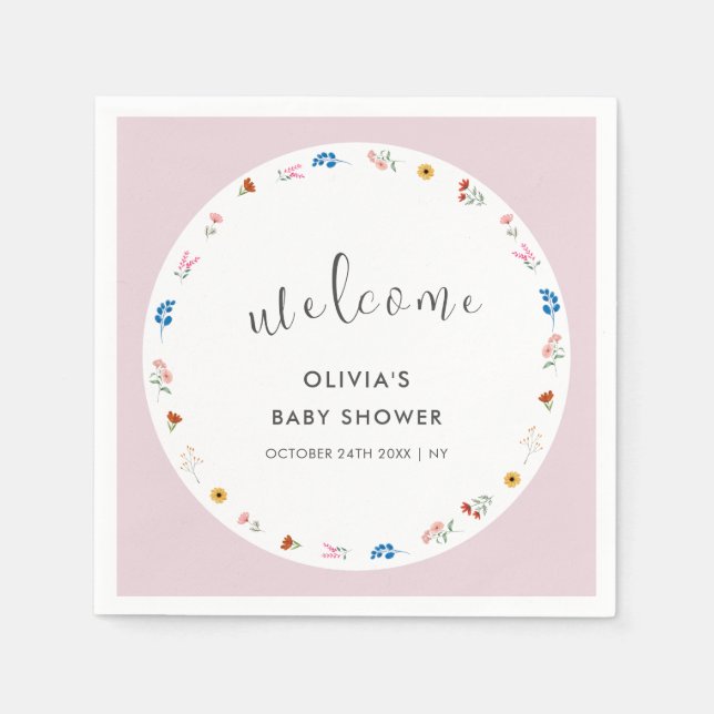 Pink Modern Tiny Wildblume Baby Dusche Empfang Serviette (Vorderseite)