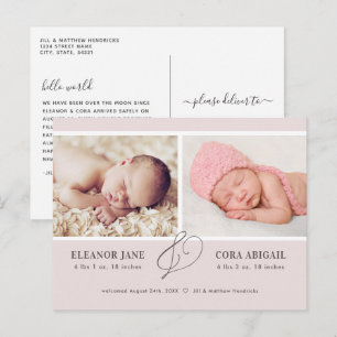 Pink Modern Twin Girls Foto Geburtserklärung Postkarte