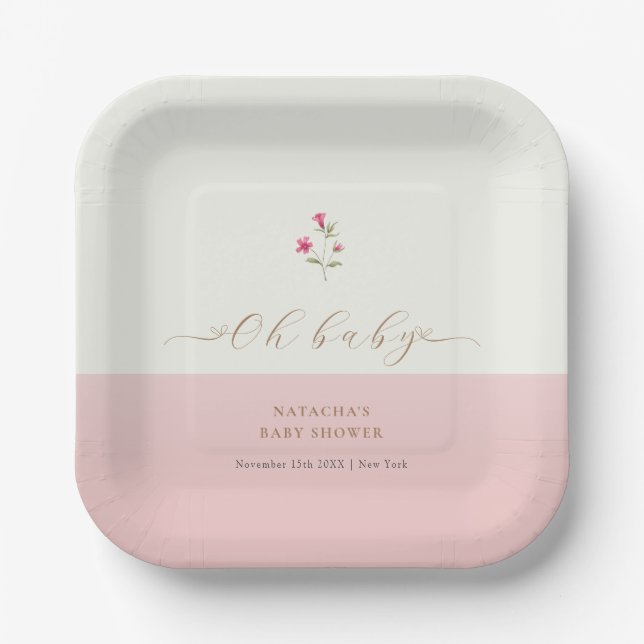 Pink Moderne Minimalistische Wildblume Kinderdusch Pappteller (Vorderseite)