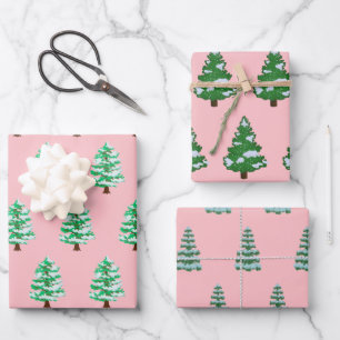Pink Moderne Wasserfarbe Weihnachten Grüne Pine Tr Geschenkpapier Set