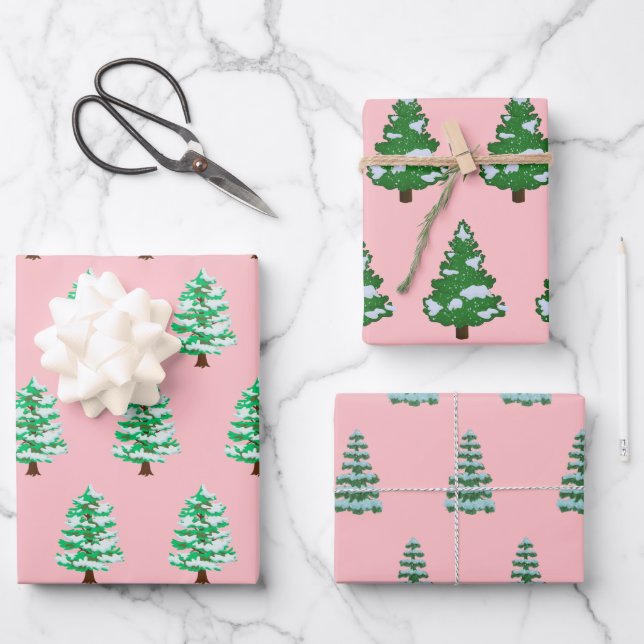 Pink Moderne Wasserfarbe Weihnachten Grüne Pine Tr Geschenkpapier Set (Vorderseite)