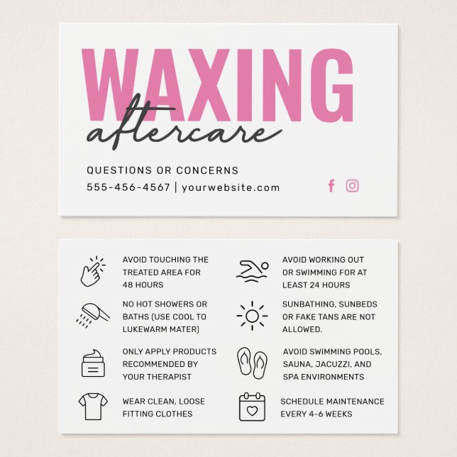 Pink Moderne Waxing Post-Care Card Enlèvement des  (Devant & derrière)