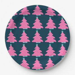 Pink Moderne Weihnachtsbaumen auf Navy Blue Pappteller