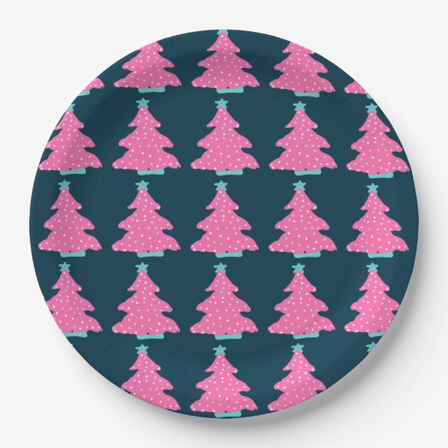 Pink Moderne Weihnachtsbaumen auf Navy Blue Pappteller (Vorderseite)