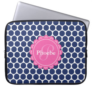 Pink Modernes Blume Monogram Blue Polka Dot Muster Laptopschutzhülle