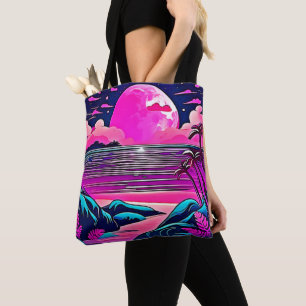 Pink Mond Neon-Strandlandschaft Tasche