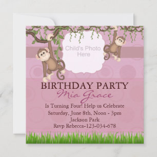 Pink Monkey Fun Photo Birthday Invite Einladung