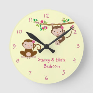 Pink Monkey Sisters Personalized Shared Bedroom Runde Wanduhr
