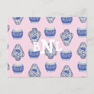 Pink Monogram Chinoisserie Ginger Jar Feiertagspostkarte