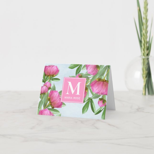Pink Monogram Custom Floral Greenery Peonies (Vorderseite)