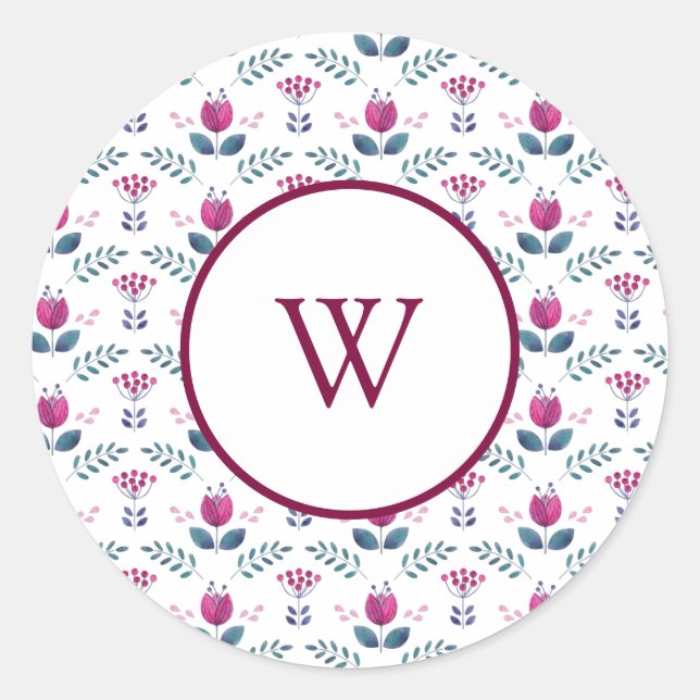 Pink Monogram Floral Aquarellfarbe Runder Aufkleber (Vorderseite)