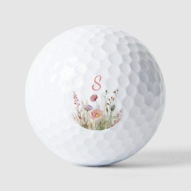 Pink Monogram Floral Wildblume Golfball (Vorderseite)