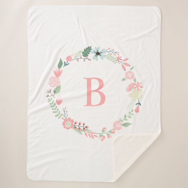 Pink Monogram Floral Wreath Sherpadecke (Vorderseite)