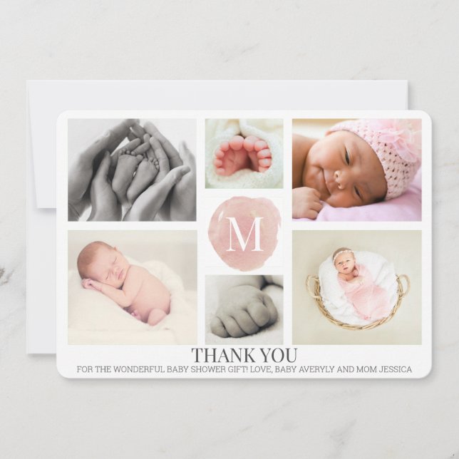 Pink Monogram Foto Collage Baby Danke Karte (Vorderseite)