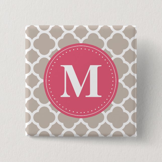 Pink Monogram Linen Grau Quatrefolienmuster Button (Vorderseite)