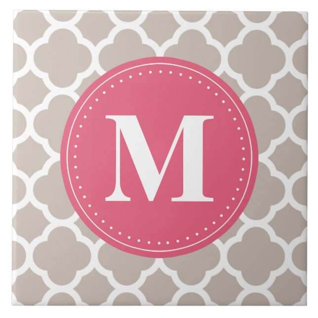 Pink Monogram Linen Grau Quatrefolienmuster Fliese (Vorderseite)