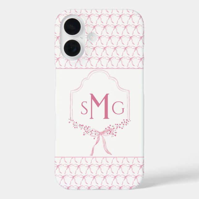 Pink Monogram und Watercolor Bows iPhone Gehäuse 16 Hülle (Rückseite)