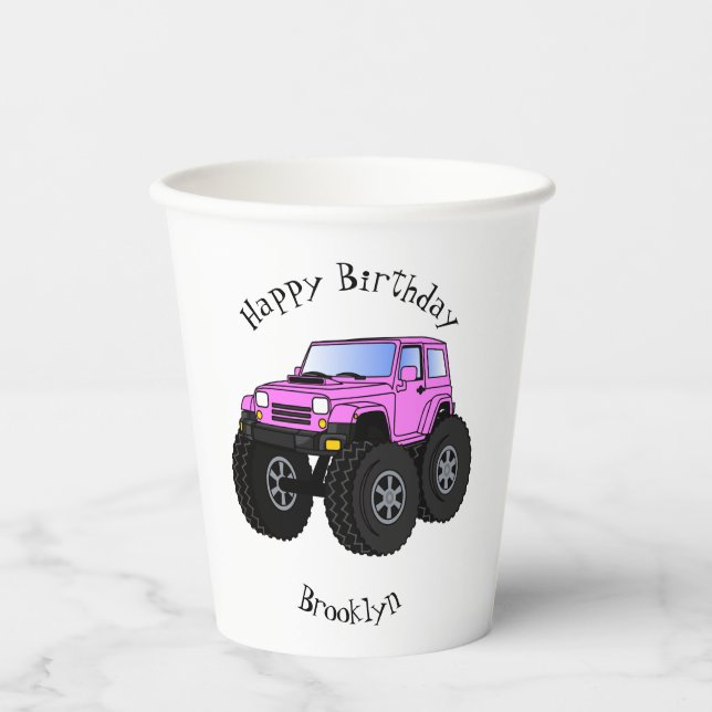 Pink Monster LKW Cartoon Illustration Pappbecher (Vorderseite)