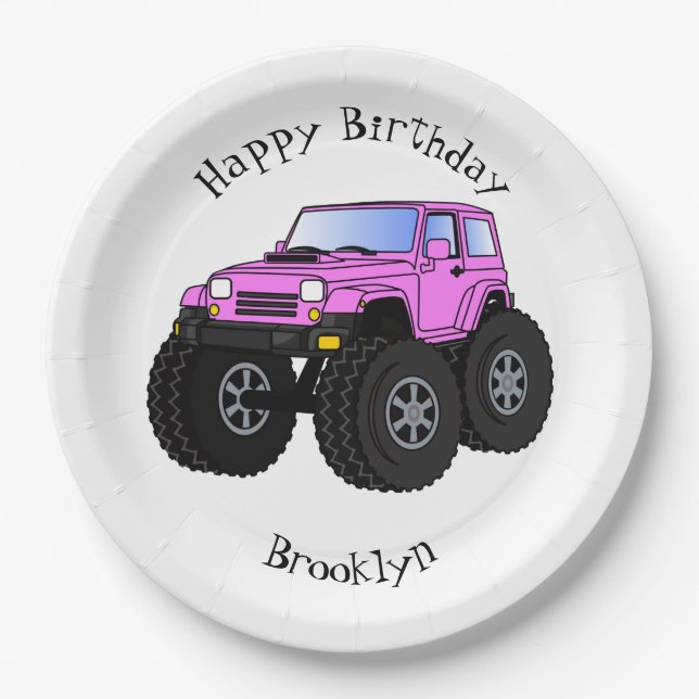 Pink Monster LKW Cartoon Illustration Pappteller (Vorderseite)