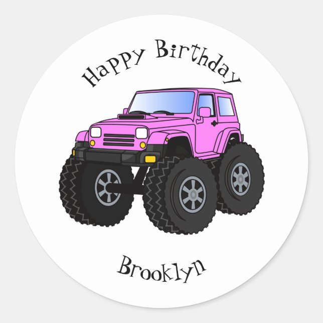 Pink Monster LKW Cartoon Illustration Runder Aufkleber (Vorderseite)