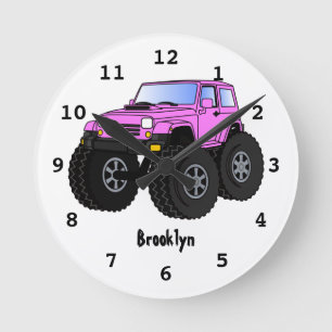 Pink monster truck cartoon illustration runde wanduhr