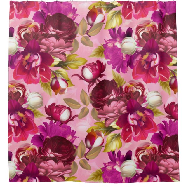 Pink Moody Florals Maximalist Blumengarten Duschvorhang (Vorderseite)