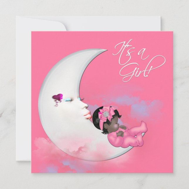 Pink Moon African American Baby Girl Dusche Einladung (Vorderseite)