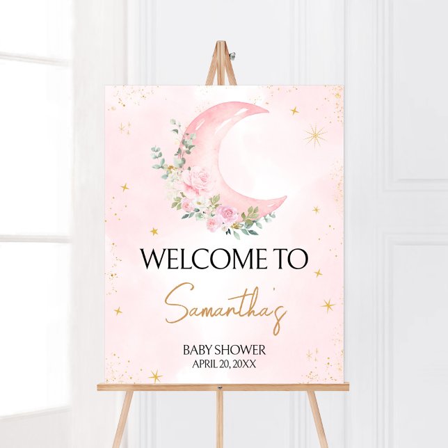 Pink Moon and Stars Babydusche Willkommen Poster (Twinkle Little Star Baby Shower Welcome Sign)