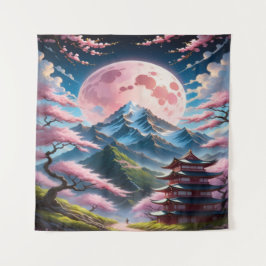 Pink Moon & Cherry Blossom Pagoda: Intricate Anime Wandteppich