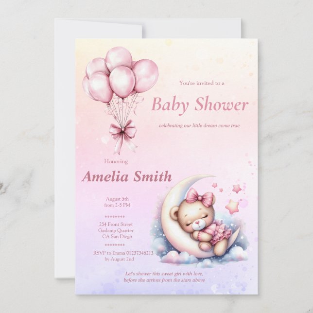 Pink Moon Sweet Sleepy Baby Bear Thema Einladung (Vorderseite)