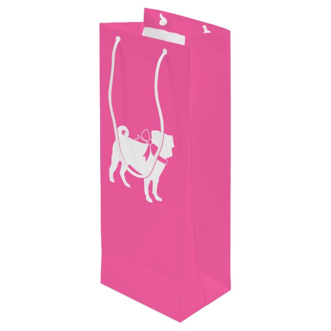 Pink Mops Hunde Thema Party Feier Geschenktüte Für Weinflaschen (Rückseite Schrägansicht)