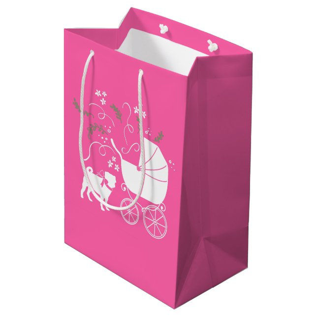 Pink Mops Hunde Thema Party Feier Mittlere Geschenktüte (Rückseite Schrägansicht)