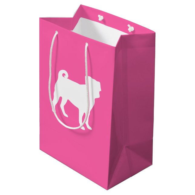Pink Mops Hunde Thema Party Feier Mittlere Geschenktüte (Rückseite Schrägansicht)