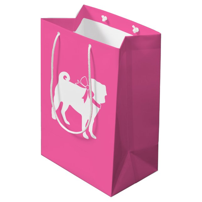 Pink Mops Hunde Thema Party Feier Mittlere Geschenktüte (Rückseite Schrägansicht)