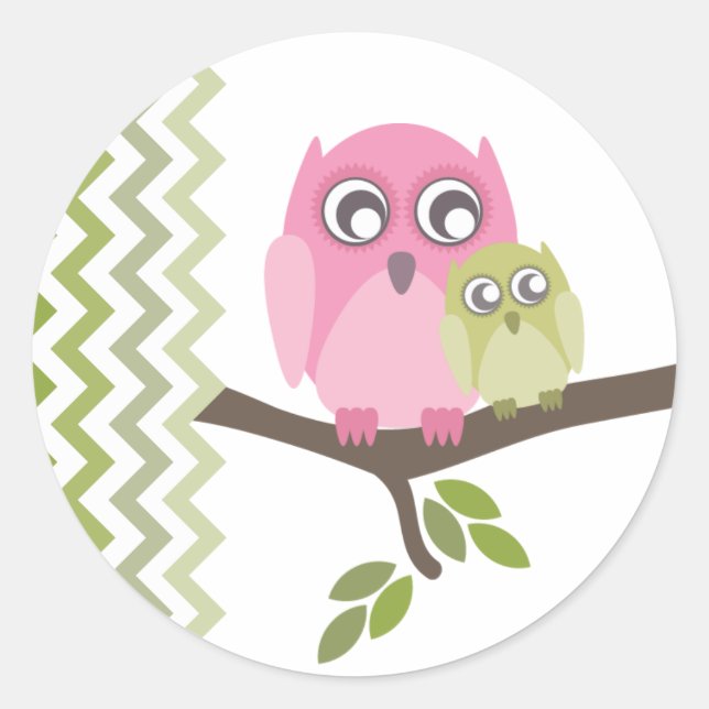 Pink Mother & GreenBaby Owl Neutral Baby Dusche Runder Aufkleber (Vorderseite)
