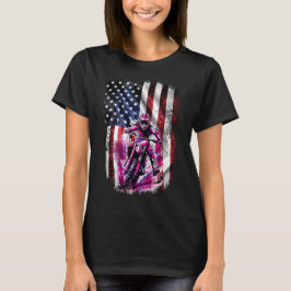 Pink Motocross Girl American Patriotic Flag T-Shirt