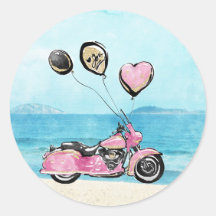 Pink Motorrad am Strand Hochzeitsaufkleber