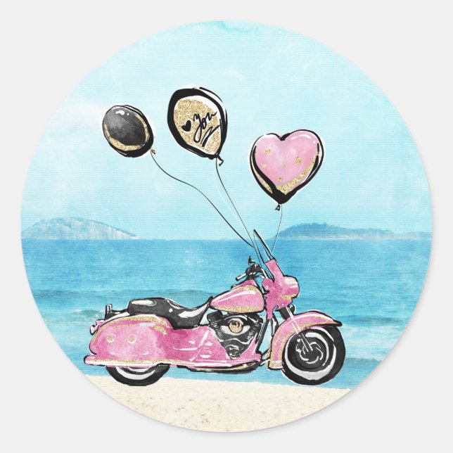 Pink Motorrad am Strand Hochzeitsaufkleber Runder Aufkleber (Vorderseite)