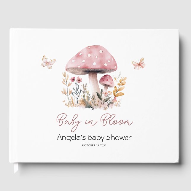 Pink Mushroom Baby in Bloom Butterfly Babydusche Gästebuch (Vorderseite)