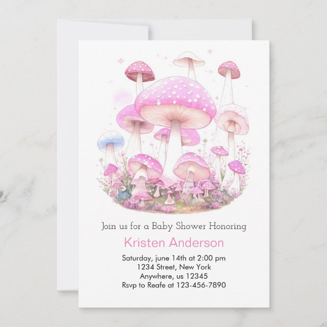Pink Mushroom Blissful Forest Girl Babydusche Einladung (Vorderseite)