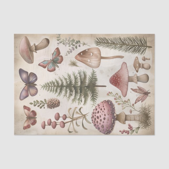 Pink Mushroom Butterfly Goblincore Dekoupage Seidenpapier (Vorderseite)