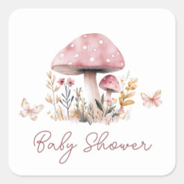 Pink Mushroom Girl Babydusche Square Quadratischer Aufkleber