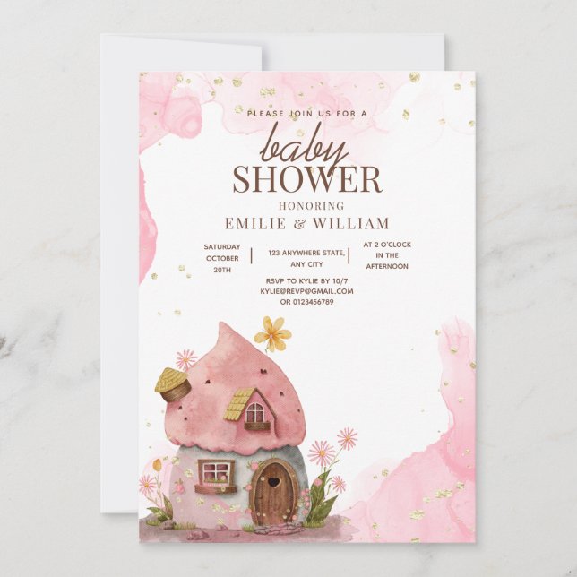 Pink Mushroom House Woodland Babydusche Einladung (Vorderseite)
