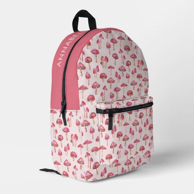 Pink Mushroom-Muster Bedruckter Rucksack (Rückseitige Ecke links)