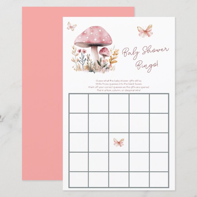 Pink Mushroom Woodland Babydusche Bingo (Vorne/Hinten)