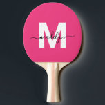 Pink Name Monogram Tischtennis Schläger<br><div class="desc">Create Your Own Personalized Modern Script Name Girly Magenta Hot Pink Monogram Ping Pong Paddle. This ultra-girly paddle features a vibrant magenta hot pink background with a bold, flat white initial (no shimmer or foil) on the front, paired with a playful black script name for a personalized touch. The back...</div>