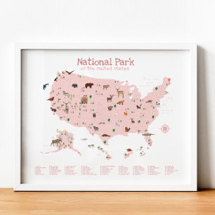 Pink National Park Map Woodland Kinderzimmer Print Poster
