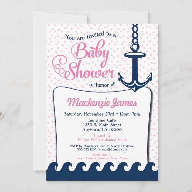 Pink Nautical Baby Dusche Einladung Retro Girl (Vorderseite)