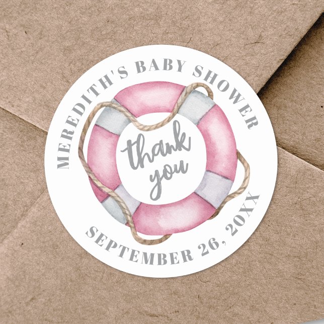 Pink Nautical Baby Dusche Runder Aufkleber (Pink Nautical Baby Shower Classic Round Sticker
)